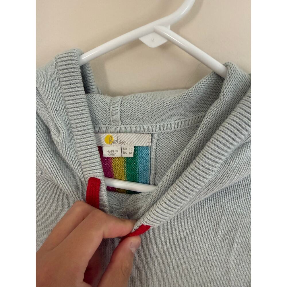 Boden | Cashmere/Wool Blend Light Blue Rainbow Back Stripe Knit Hooded Pullover - Picture 8 of 15